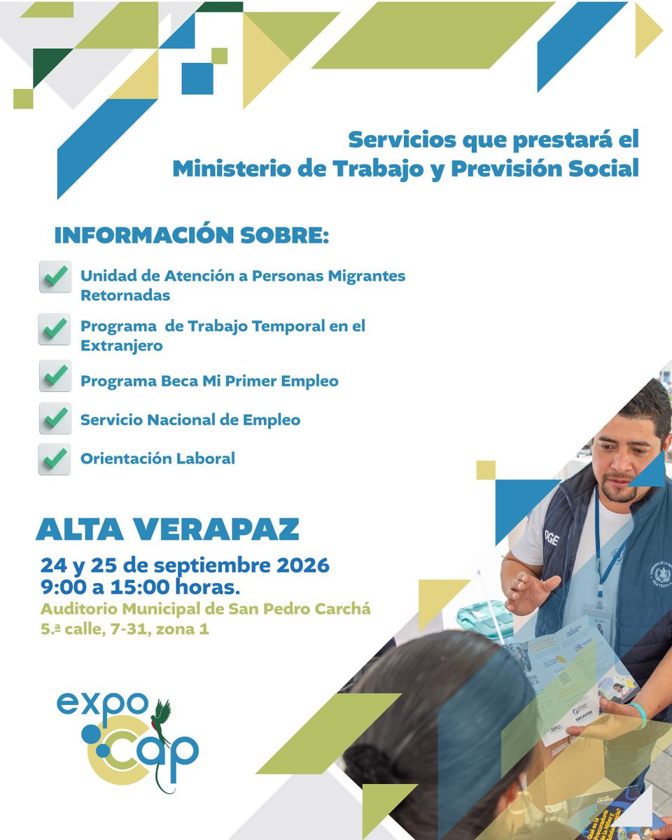 MINTRABAJOGuate's tweet photo. #ExpoCAP 📣 Te esperamos este 25 de septiembre de 2026, de 9:00 a 15:00 horas, en el Auditorio Municipal de San Pedro Carchá en Alta Verapaz.
Acércate a conocer programas y alternativas que promueven una migración ordenada, segura y regular, junto a más de 12 instituciones. https://t.co/tGmFVEYCoK