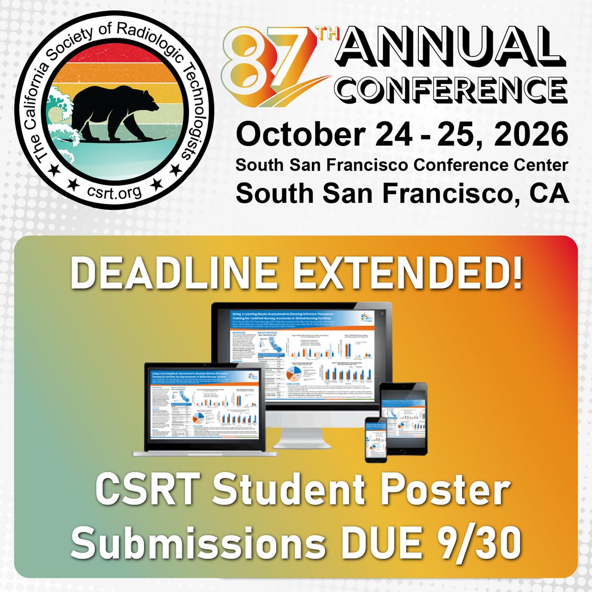 CSRTorg's tweet photo. DEADLINE EXTENDED! Posters due September 30th!
Are you a student in a radiologic sciences program? Share your research, case study, or project at the CSRT Annual Conference Student Poster Competition! October 24-25, 2026!
Submit at: https://t.co/NsJTgtiSDr
#CSRT #StudentPosters https://t.co/eF870uiRbS