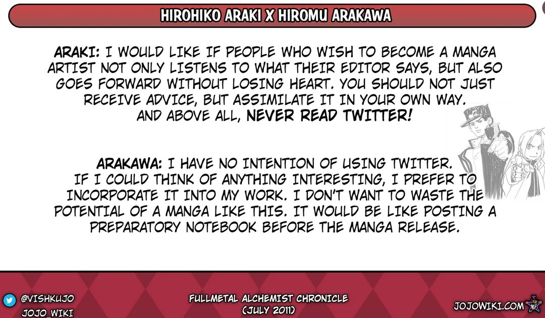anime1_cloud's tweet photo. Araki really hates Twitter 😭 https://t.co/kehYopr4Ne