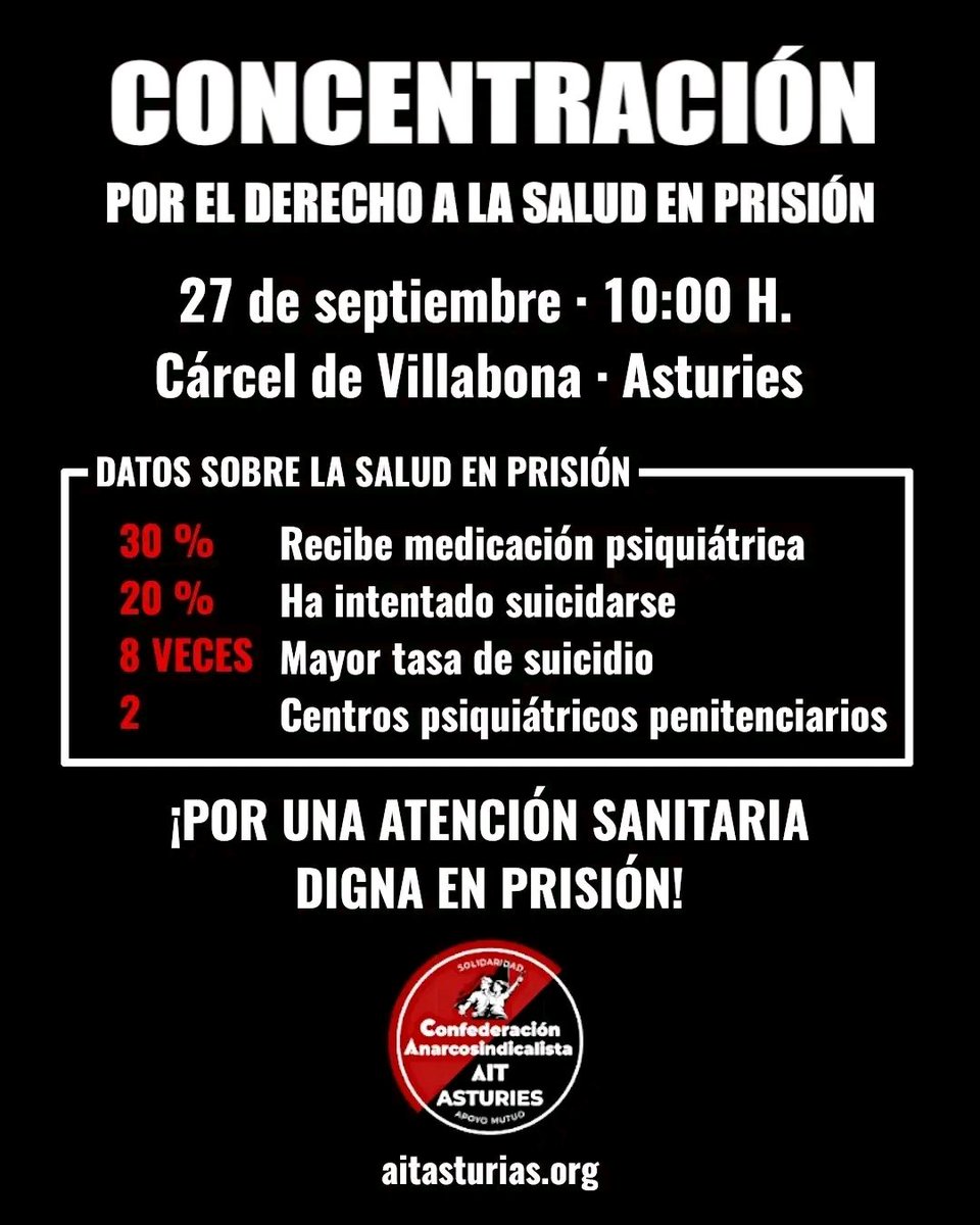 caitasturies's tweet photo. 🟥⬛️ El derecho a la salud es un derecho universal que no puede verse limitado por el castigo de la privación de libertad.
CONCENTRACIÓN
📅 27/09
🕒 10 de la mañana
📍 Cárcel de Villabona (Asturies)
🌐 https://t.co/9BSNkArlgv
#caait #asturies #prision #SanidadPública https://t.co/KKbLNAFp8C