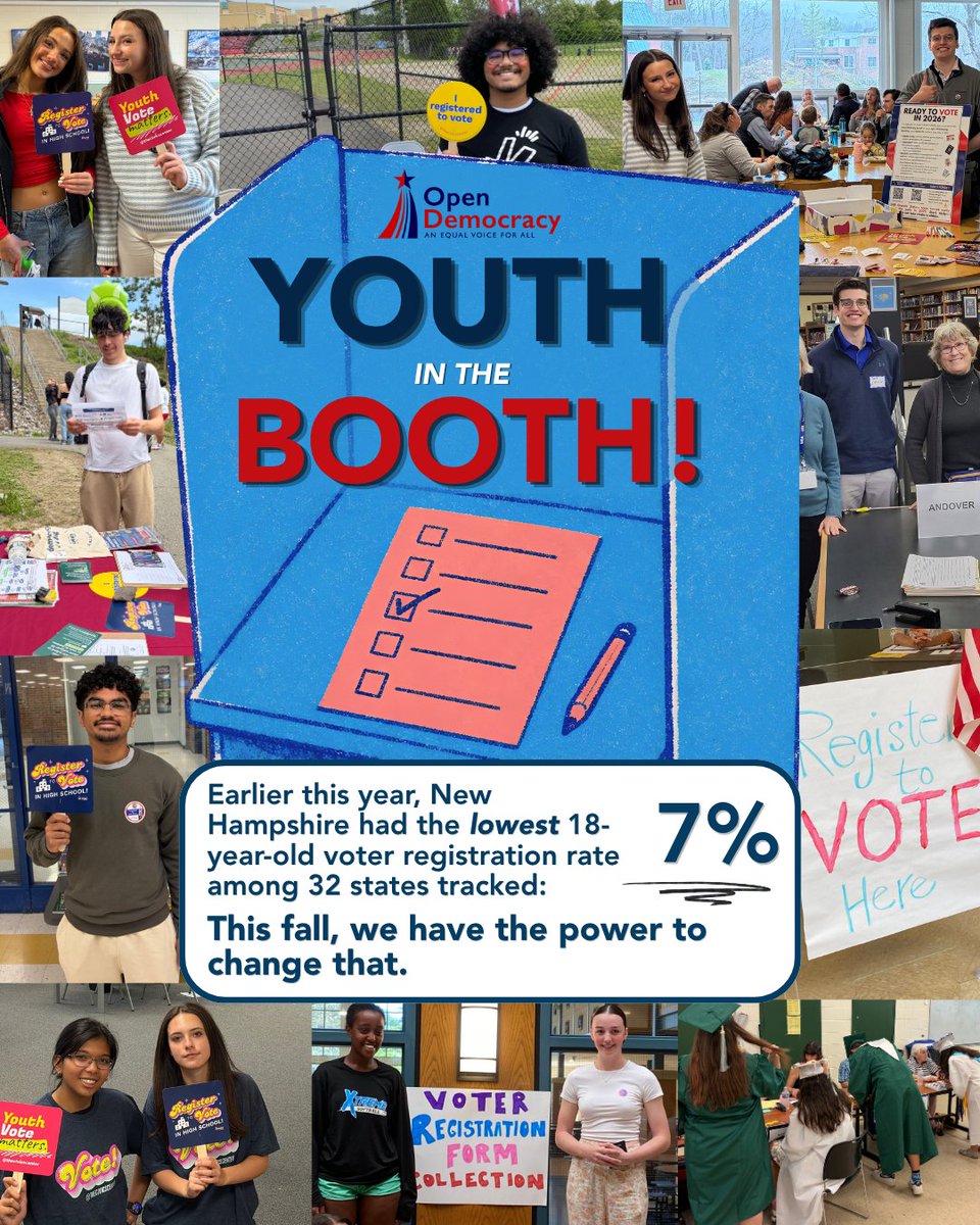 OpenDemocracyNH's tweet photo. New Hampshire juniors and seniors—this one’s for YOU! 🗳️📣
Join us for our virtual high school voter registration drive training on Tuesday, 9/29 at 7 PM! 🧑💻
RSVP: https://t.co/JTNtNtEFHV
#OpenDemocracyNH #NewHampshire #NH #NHPolitics #NHTok #StudentVoter #YouthVote #RunADrive https://t.co/zN52bO4SBH