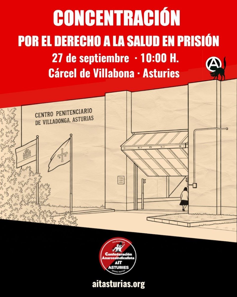 caitasturies's tweet photo. 🟥⬛️ El derecho a la salud es un derecho universal que no puede verse limitado por el castigo de la privación de libertad.
CONCENTRACIÓN
📅 27/09
🕒 10 de la mañana
📍 Cárcel de Villabona (Asturies)
🌐 https://t.co/9BSNkArlgv
#caait #asturies #prision #SanidadPública https://t.co/KKbLNAFp8C