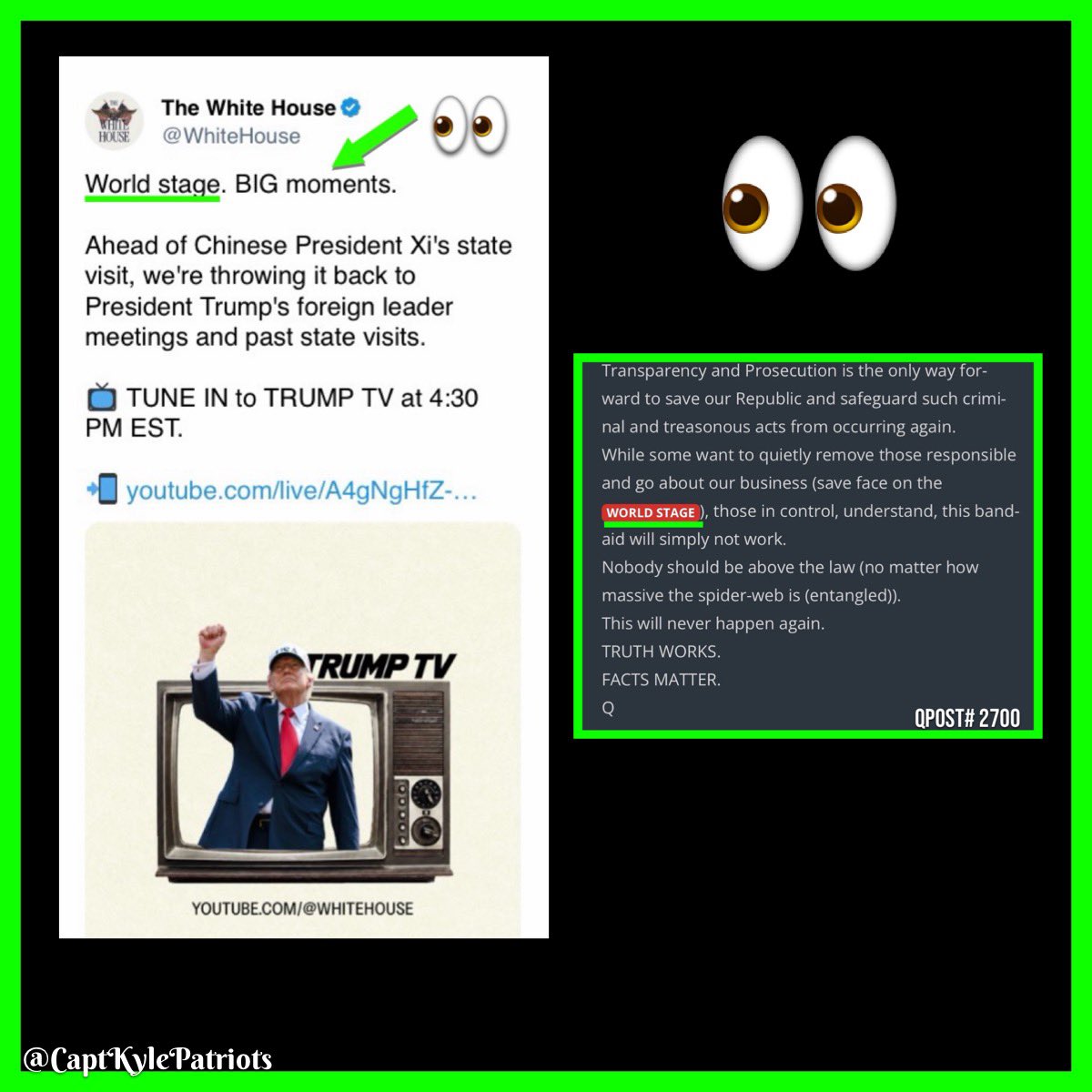CaptKylePatriot's tweet photo. 💥The White House posts the words “World Stage”. Only 1 Qpost that contains those words.

💥Qpost# 2700
Transparency and Prosecution is the only way forward to save our Republic and safeguard such criminal and treasonous acts from occurring again. 
While some want to quietly remove those responsible and go about our business (save face on the WORLD STAGE), those in control, understand, this band-aid will simply not work.
Nobody should be above the law (no matter how massive the spider-web is (entangled)). 
This will never happen again.
TRUTH WORKS.
FACTS MATTER.
Q

🚨ALERT🚨
@CaptKylePatriots
On Telegram 
(with an s)
@CaptKylePatriot
On X
(without an s)