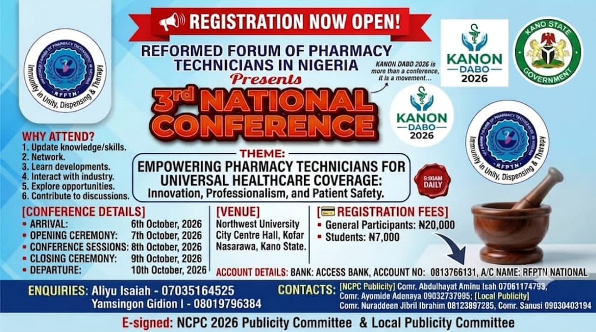 RFPTNIGERIA's tweet photo. 🚨 TIME IS TICKING: KANO DABO 2026 REGISTRATION IS OPEN! 🚨
​Beat the rush &amp; lock in your spot for the RFPTN 3rd National Conference in Kano! Register online now to avoid late fees &amp; ensure hassle-free accreditation.
​📲 Register: https://t.co/15kF9lNIZ2 https://t.co/lCS4Nmj7Nz