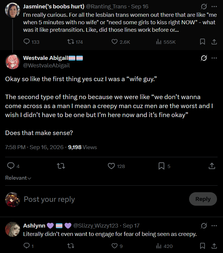 H4nsSprungfeld's tweet photo. One reason trannyism swept through the autistic male community like AIDS through a bathhouse is that it is a logical, if horribly misguided, response to the core credos of modern sexuality.

If "being a man is innately evil" and "attempting to flirt with women as an unattractive man makes you a creep" were true premises, and if it were possible to actually change one's sex, then a logical response would be to cease to be a man if one wanted not to be an evil creep.

Autists (and midwits in general) are particularly vulnerable to logical arguments based on false premises. The Great Trooning was thus an inevitable response to feminism, rather than a decontextualized phenomenon.

Conservatives ignore this because they would have to question feminism in order to accurately question any of these myriad second-order dysfunctions it created.