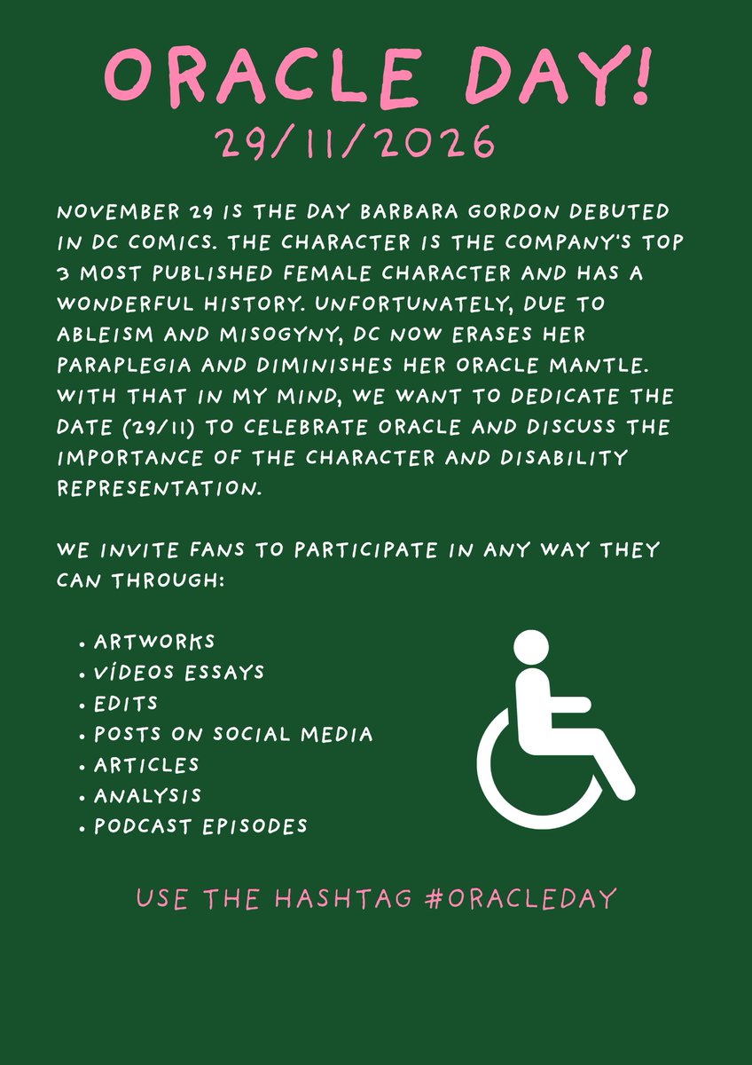 oraclefolder's tweet photo. Announcing #OracleDay! 🦇💻

A day to celebrate DC Comics’ hacker hero, Barbara Gordon, and the importance of authentic disability representation in comics.

📅 November 29 — save the date! 👽 
#BabsDay #BarbaraGordon #Oracle https://t.co/fprjcLf7pC