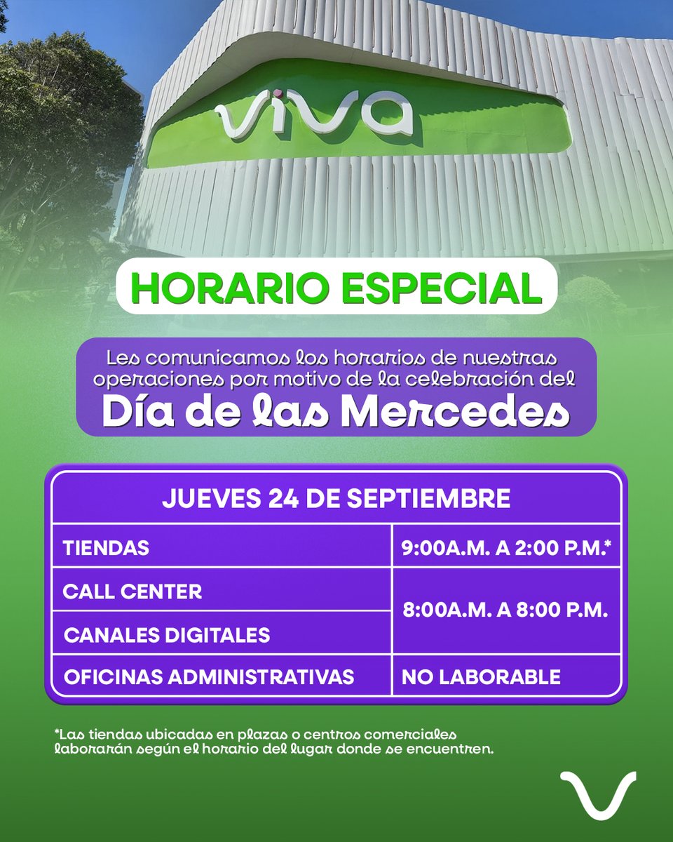 Viva_RD's tweet photo. Te compartimos nuestros horarios especiales por el feriado del Día de las Mercedes.
Recuerda que nuestros canales de atención virtual y redes sociales seguirán disponibles para ayudarte con cualquier consulta.
#Viva #VivaRD #HorariosEspeciales #DíaDeLasMercedes #EstamosDeTuLado https://t.co/OX4DKl6YCX