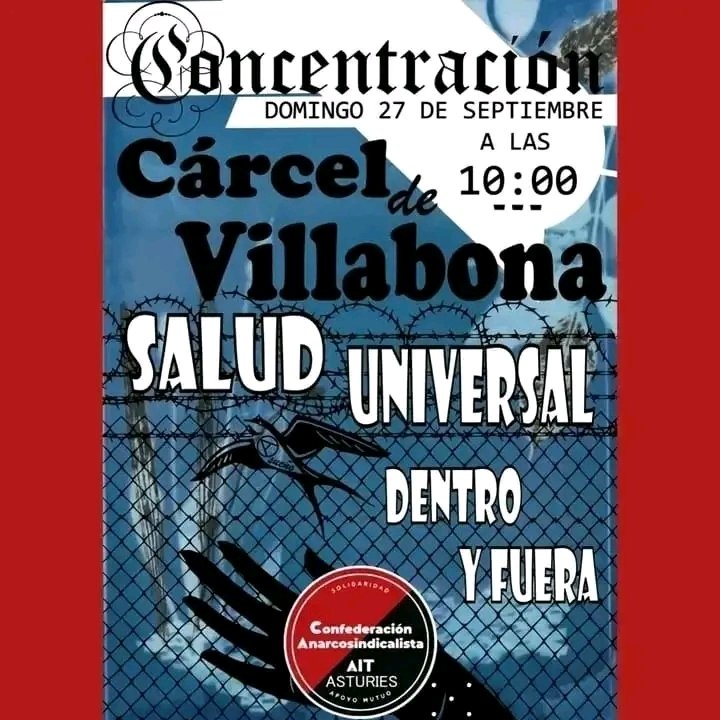 caitasturies's tweet photo. 🟥⬛️ El derecho a la salud es un derecho universal que no puede verse limitado por el castigo de la privación de libertad.
CONCENTRACIÓN
📅 27/09
🕒 10 de la mañana
📍 Cárcel de Villabona (Asturies)
🌐 https://t.co/9BSNkArlgv
#caait #asturies #prision #SanidadPública https://t.co/KKbLNAFp8C