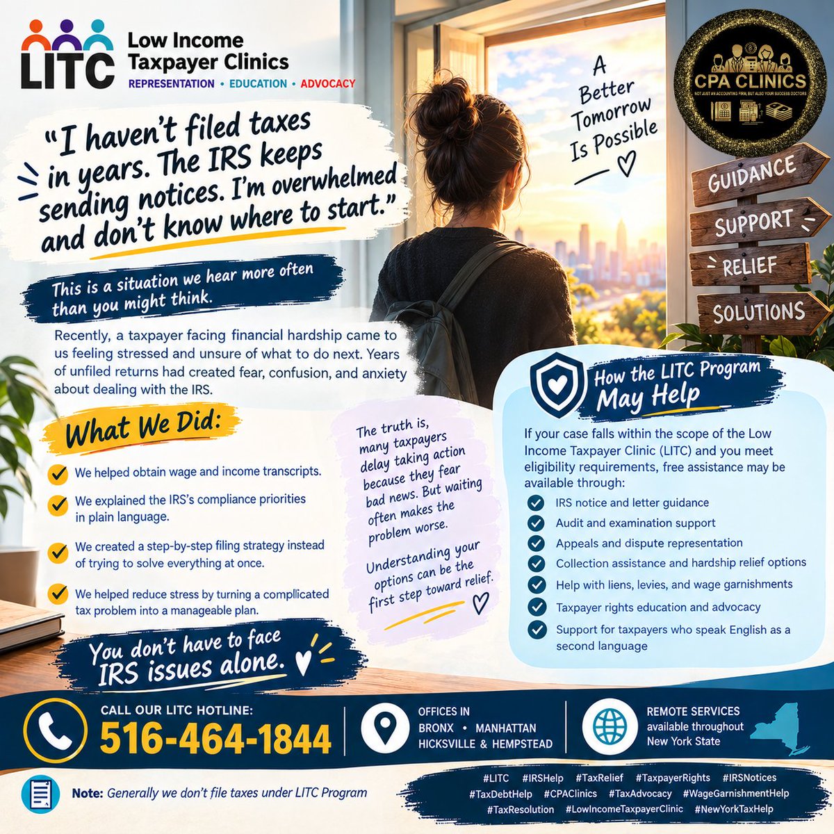 CPACLINICS's tweet photo. 💭I haven't filed in years. The IRS keeps sending notices. I'm overwhelmed.
We helped a client get transcripts, understand their options &amp; create a step-by-step plan
You don't have to face the IRS alone.
CPA CLINICS LITC: 516-464-1844
Free if you qualify
#IRSHelp #LITC #TaxRelief https://t.co/v0J5JOwptD