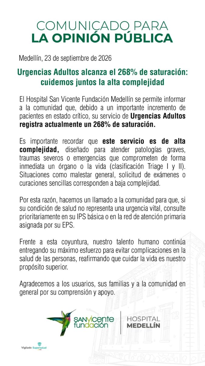 sanvicentefund's tweet photo. ¡Juntos por el bienestar de las personas! ✨🧑🏻‍⚕️ Nuestro servicio de Urgencias Adultos enfrenta actualmente una alta demanda. Conoce qué está pasando y cómo podemos contribuir a una atención oportuna para quienes más lo necesitan. #SanVicenteFundación  💚 https://t.co/lDT3FA5OAm