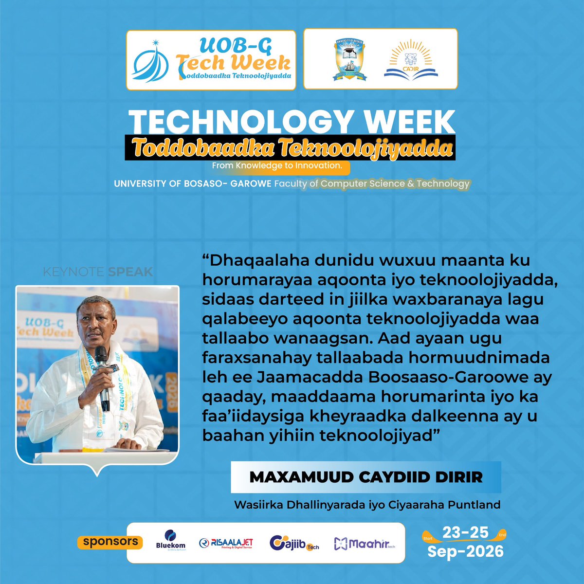 UOBGarowe's tweet photo. “Technology is the key to empowering our youth and unlocking Puntland’s potential. Investing in technological skills today means building a stronger future tomorrow.” — Mohamud Aydid Dirir, Puntland Minister of Youth &amp; Sports. https://t.co/PUQ1uQQCcu