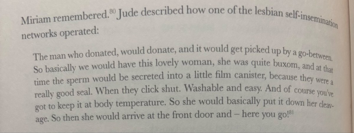 unallowedclown's tweet photo. i think a lot about the woman who would deliver donated sperm to lesbian communes so they could have babies by using her boobs to keep them warm and viable in 1980s leeds https://t.co/wIGWfCipMC