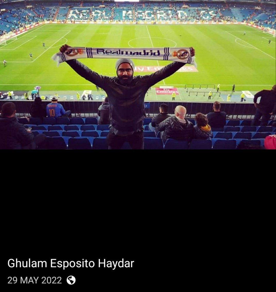 steven67hartley's tweet photo. Here's Ghulam Haydar, co-founder of the Manchester United Muslim Supporters Club. Proudly holding his Real Madrid scarf and in his Benzema replica shirt at the 2022 Champions League Final. https://t.co/bsl0wQ0oMY