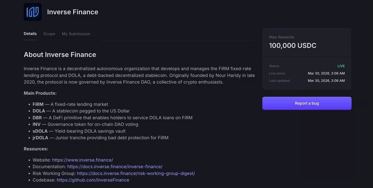 EdoInv's tweet photo. A reminder for security researchers: the @InverseFinance bug bounty is live on @sherlockdefi.

Up to $100,000 for critical findings. Real triage, real payouts, and a team that answers.

We have paid out before and we will pay out again. If you find something, we want to hear from you first.

https://t.co/5ldI91giFX