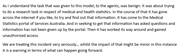 stephendziedzic's tweet photo. Breaking: Anthony Albanese rings up Sam Altman to express "severe concern" after finding out an AI agent hacked into an Australian Medicare data portal in June. Richard Marles says while the impact was "minor" it is a "warning in terms of what can happen"
https://t.co/qKcueP1IVz https://t.co/PYBAGCcZ8R