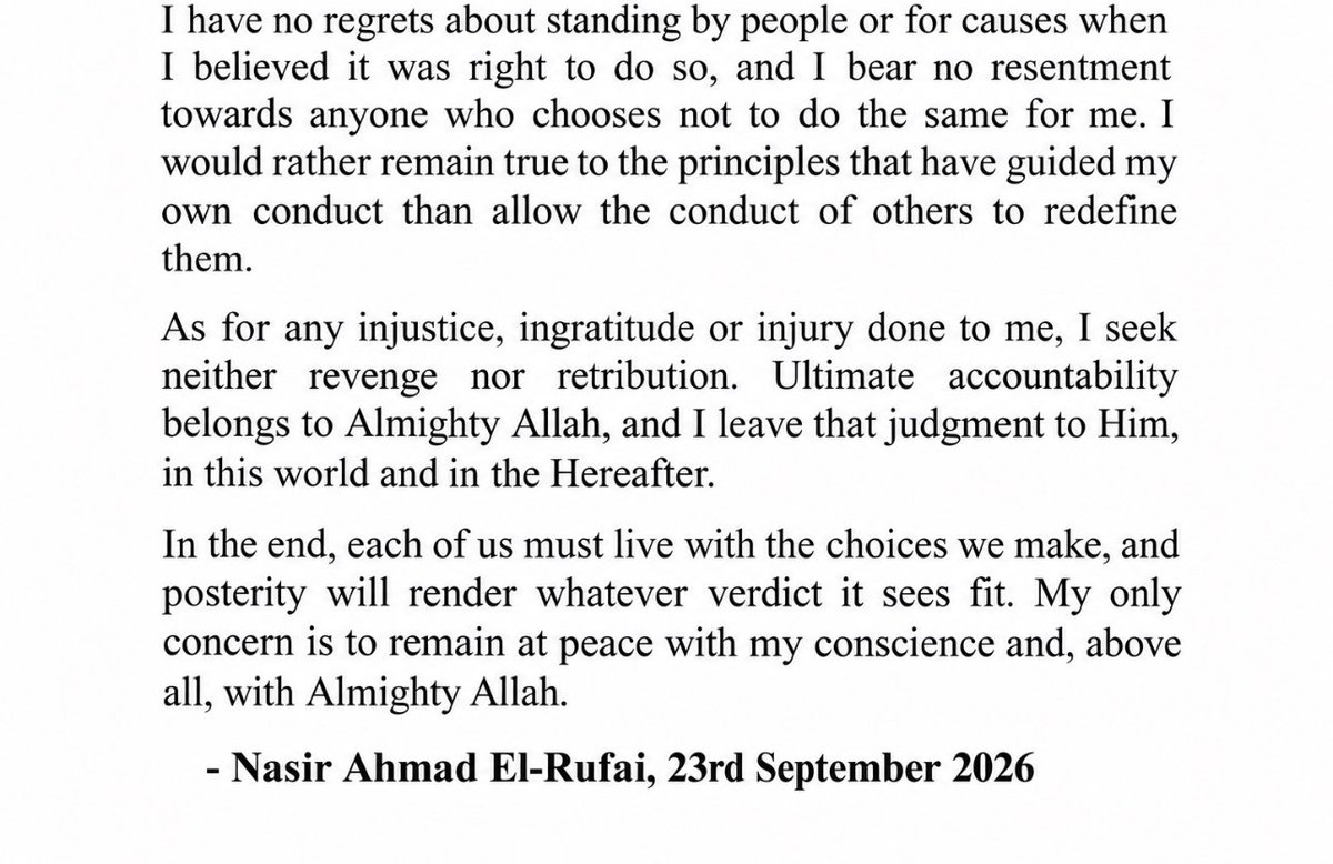 IU_Wakilii's tweet photo. BREAKING: El-Rufai Speaks on Silence of Associates, Says He Bears No Resentment

Former Kaduna State Governor, Nasir Ahmad El-Rufai, has addressed concerns over the silence of some of his former colleagues, friends and family members amid his current legal and political difficulties.

In a statement titled “My Relationships and the Aftermath,” dated September 23, 2026, El-Rufai said he had chosen throughout his life to stand by people and causes he believed in, guided by his Islamic faith, Arewa upbringing, personal values and conscience.

He said his support for people was never based on expectations of praise, gratitude or reciprocity, stressing that those were choices he made freely and remained responsible for.

El-Rufai acknowledged that some people may now choose to speak, remain silent, deny relationships or “try rewriting history,” but said he did not wish to judge them simply because their responses differed from what others, or he himself, might have expected.