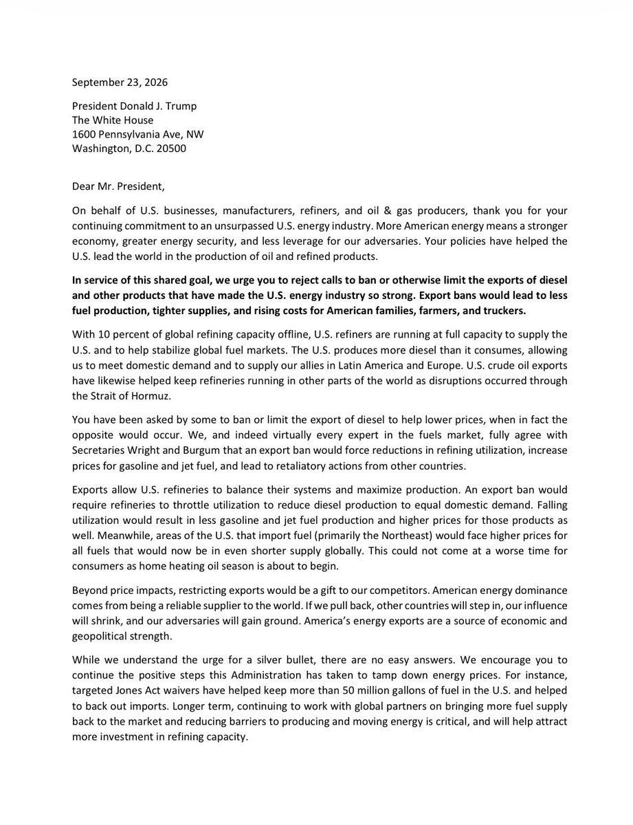 JavierBlas's tweet photo. The whole U.S. energy industry plus two key businesses associations (the U.S. Chamber of Commerce and the National Association of Manufacturers) have sent a joint letter to President Trump urging him against limits of diesels exports.

Unprecedented for a Republican White House. https://t.co/LNmcIv76E9