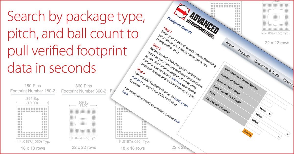 AdvancedInt's tweet photo. Manually pulling BGA footprint data from datasheets is tedious and error-prone — easy to transpose a dimension or miss a pitch variant.

AIC's BGA Footprint Finder lets you search by package, pitch, and ball count for verified footprint data in seconds.https://t.co/e1LVgAAEjH https://t.co/0DDBtqzrEj