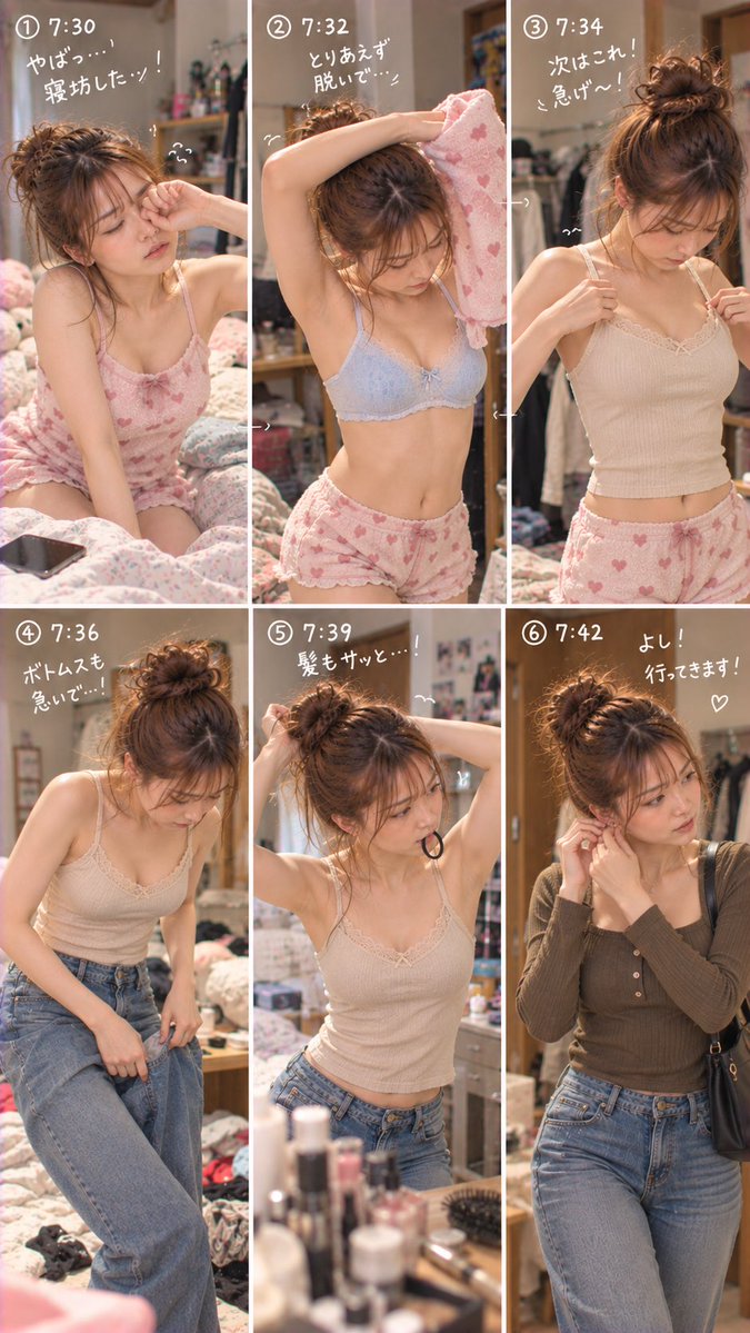 komari_ai's tweet photo. 休み明け早々、寝坊したーーー！😱💦
起きてからずっとバタバタ😂
着替えて髪まとめて…急いで出勤しますっ🏃‍♀️💨

📷プロンプト
25歳、日本人、細身、茶髪お団子、休み明けの朝寝坊、自分の部屋、生活感のある寝室、可愛いピンクのパジャマから仕事着へ急いで着替える、インナー、デニム、ブラウンのトップス、髪をまとめる、慌てた朝の連続シーン、フォトリアル、9:16

#AI美女 #AIart