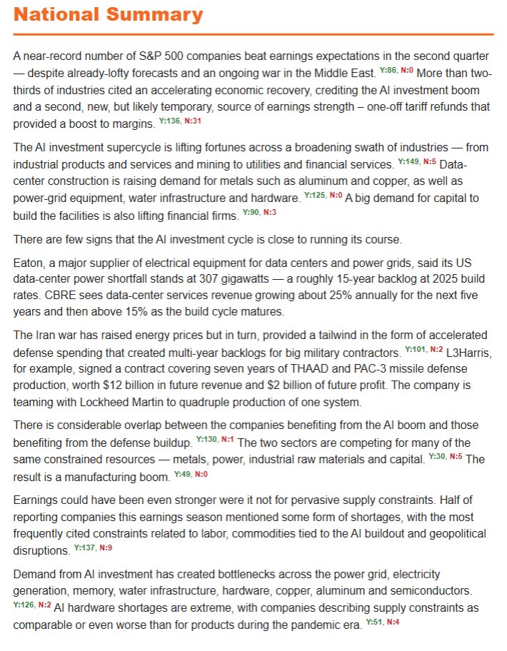 AnnaEconomist's tweet photo. The latest Orange Book is out @theterminal!

The major macro themes from the latest earning season:

-Tariff refunds juicing earnings (may turn to headwinds next season)
-Half of S&P 500 companies mentioned some form of shortages (we identified those).
-Truck-driver shortages have raised freight rates, which in turn is driving up cost of moving physical goods
-the AI super investment cycle has left almost no parts of the economy untouched.
-US is going through a manufacturing boom.

Read the details on NI ORANGEBOOK <GO>