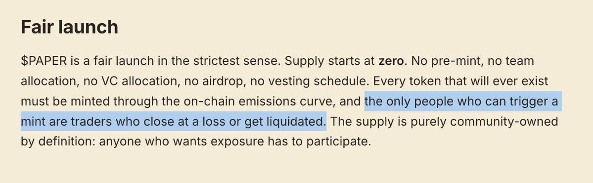 AmirOrmu's tweet photo. Ansem is right.
You don't want to miss @papertrade_xyz.

It's a perp DEX on Hyperliquid.
1000x leverage, 0 slippage and no funding fees.

$PAPER:
The only way to mint it is by losing money. Close a trade in the red or get liquidated, and you receive PAPER.

Stake it and you earn a cut of the protocol revenue in USDC.

No team allocation, no VCs, no airdrop.
The losers basically end up owning the house :)