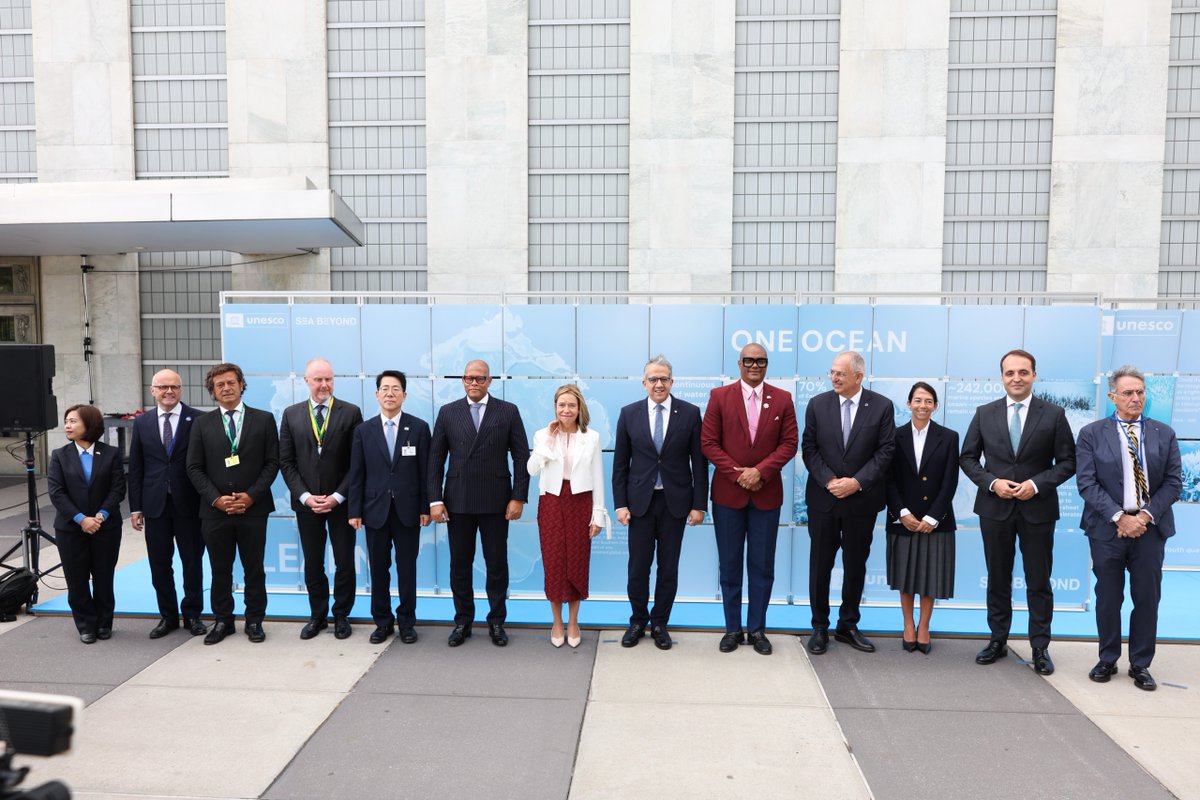 UNESCO_DG's tweet photo. One ocean connects us all — it regulates our climate, sustains livelihoods, shapes cultures and influences our shared future.

Today at #UNGA, with Heads of States and leaders from across the world, I was pleased to open @UNESCO’s “One Ocean” exhibition, dedicated to bringing ocean knowledge closer to people and turning understanding into action.

Protecting the ocean begins with understanding it. Through @IocUnesco, we advance the science, observations and knowledge needed for informed action. Through ocean literacy, we bring that knowledge into classrooms, communities and everyday life.

I am grateful to the Prada Group for its longstanding partnership with UNESCO, which has already brought ocean education to more than 41,000 students worldwide.

Together, we can strengthen our connection with the ocean and inspire action to protect our shared blue planet.

#ForThePeople