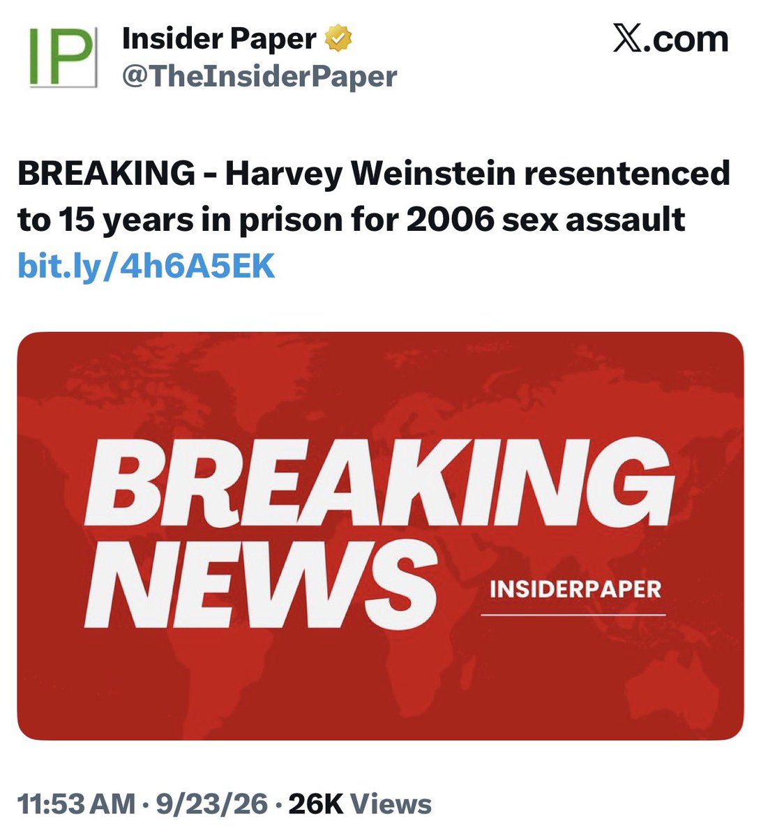 truestormyjoe's tweet photo. 9/12 Q Harvey Weinstein X

Todays news Harvey Weinstein 
Resentenced 15 Years in Prison
2006 Sexual Assault 

Q Delta
“Crimes Against Humanity” https://t.co/Nww2UUYBu7