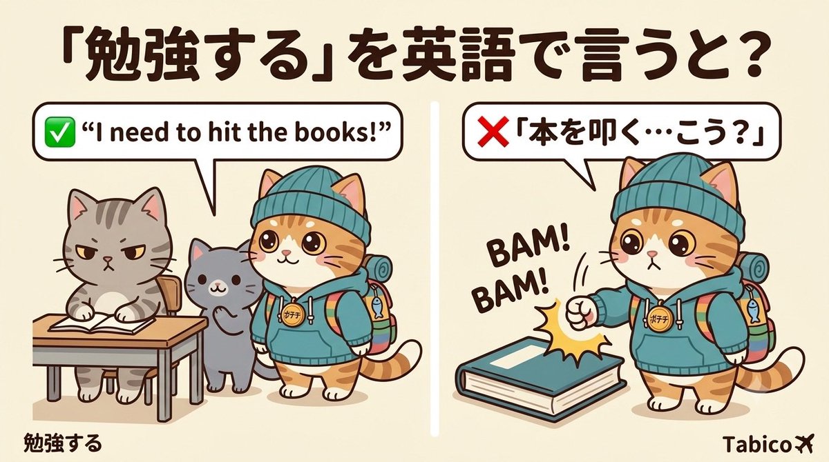 tabico_eigo's tweet photo. "I need to hit the books."

直訳すると本を叩く。

でも実際は

「勉強する」
「本を開いて勉強しなきゃ」

試験前に
思わず出る一言。

Follow for daily English tips 🐱✈️
#英語学習 #英会話 #英語 #ポテチさん https://t.co/pTjYvnsKwG