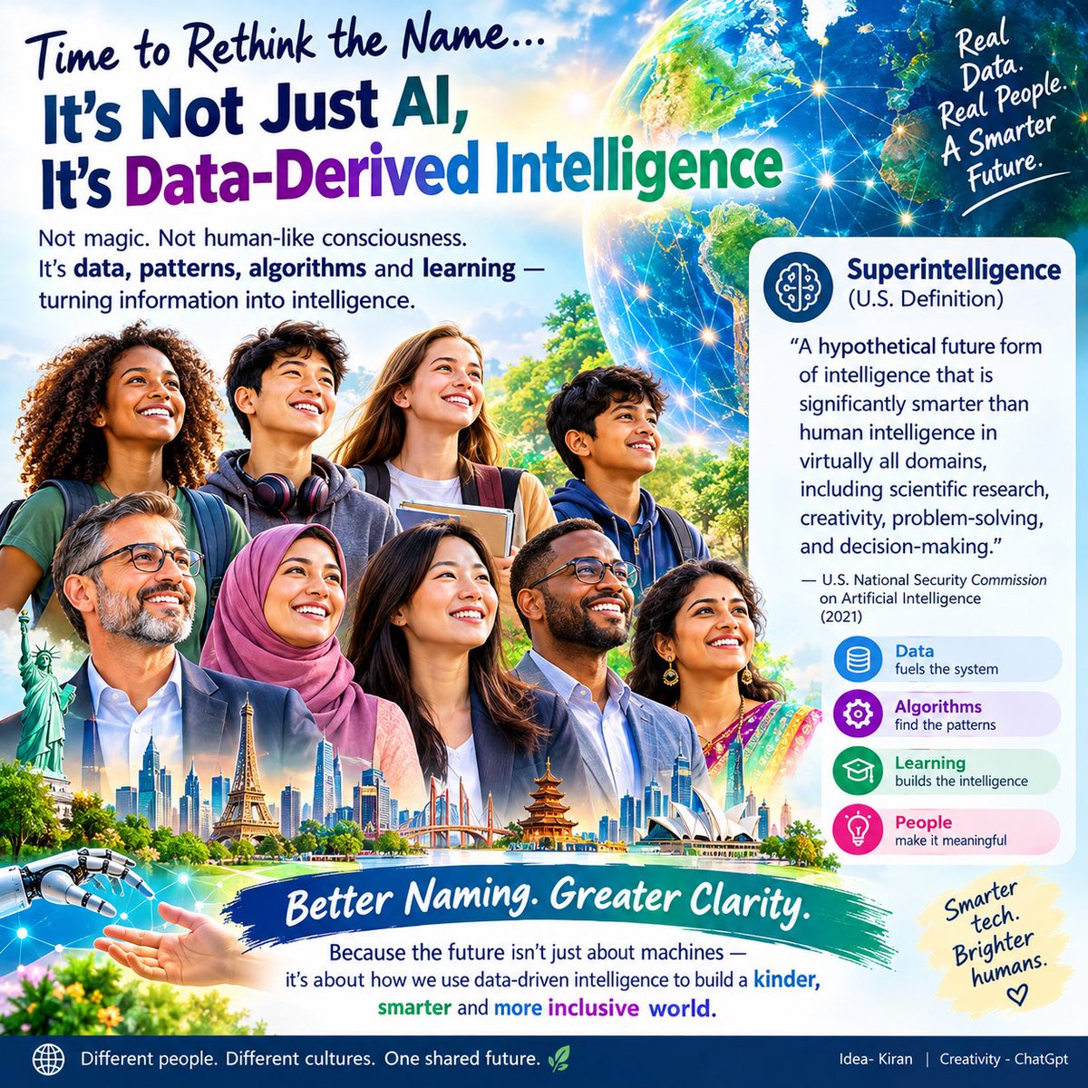 Kiranhari's tweet photo. Is “AI” an appropriate name? 🤔
What is Artificial about it? 
I think it is more of a “Data Derived Intelligence”. 
USA may call it “Super Intelligence” 🤔 https://t.co/3Wcyfgsec2