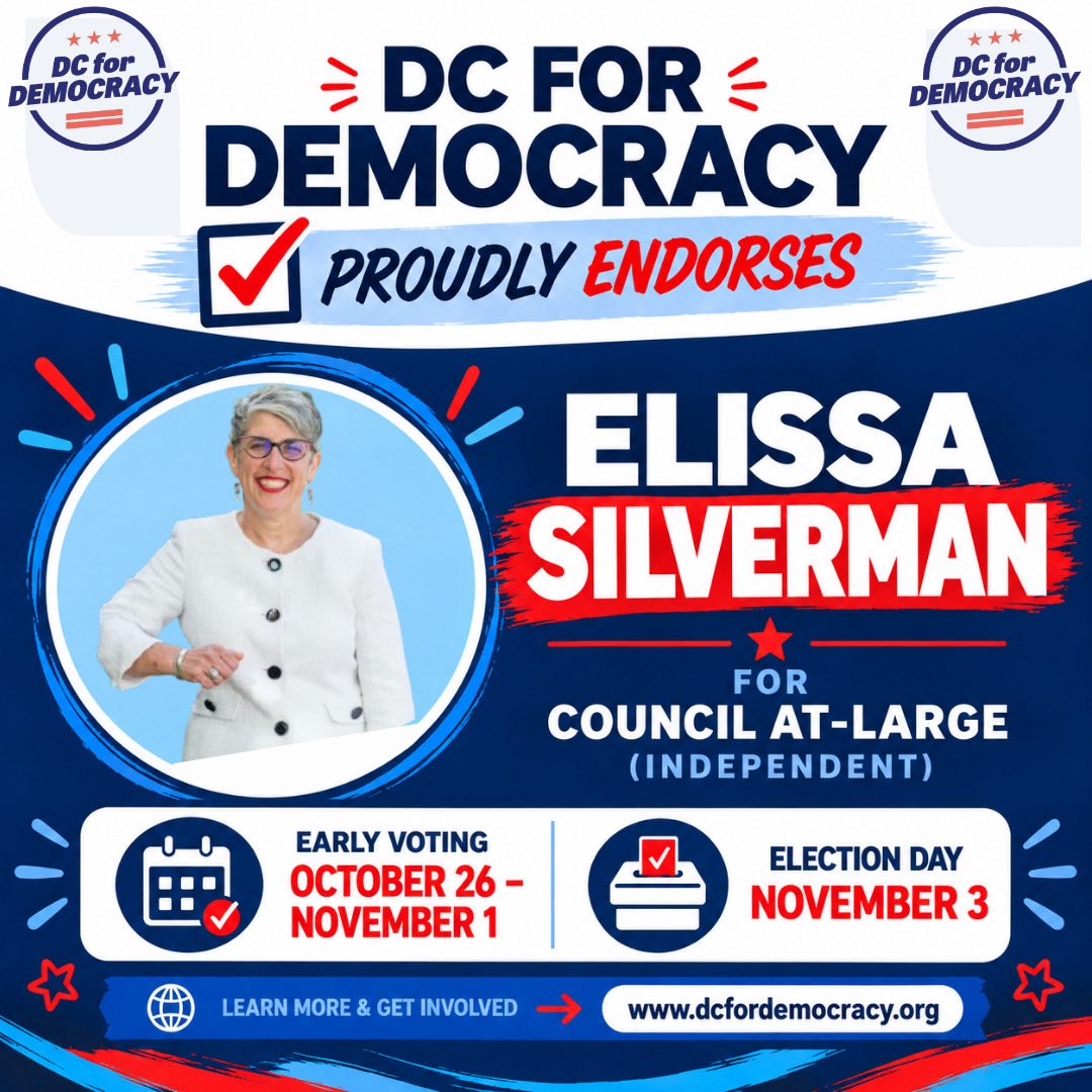 dc4d's tweet photo. 🎉 DC for Democracy proudly endorses Elissa Silverman for DC Council At-Large!

After hearing directly from @tweetelissa and engaging our membership, DC for Democracy members have voted to endorse her campaign for the Independent At-Large seat.

#DCForDemocracy #DCision2026 #DC4D https://t.co/oUvu8O0xYE