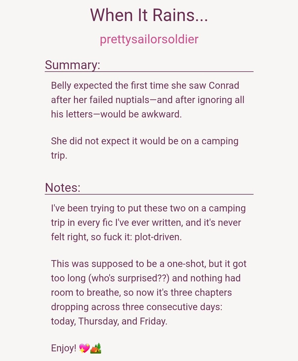 prettysailorr's tweet photo. Dani does a one-shot (and it's three chapters🙃)🏕️❤️
https://t.co/s1NkJErYHc https://t.co/M2P6oBOZf2