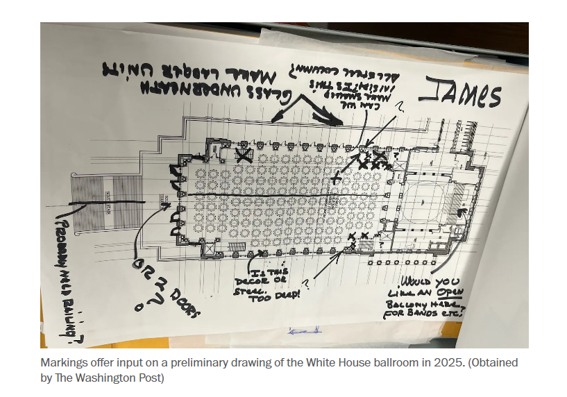 A photo of a preliminary architectural floor plan for a large ballroom, covered with handwritten review notes, arrows, and markings. A caption appears below the drawing.