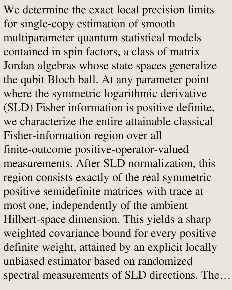 We determine the exact local precision limits for single-copy estimation of smooth multiparameter quantum statistical models contained in spin factors, a class of matrix Jordan algebras whose state spaces generalize the qubit Bloch ball. At any parameter point where the symmetric logarithmic derivative (SLD) Fisher information is positive definite, we characterize the entire attainable classical Fisher-information region over all finite-outcome positive-operator-valued measurements. After SLD normalization, this region consists exactly of the real symmetric positive semidefinite matrices with trace at most one, independently of the ambient Hilbert-space dimension. This yields a sharp weighted covariance bound for every positive definite weight, attained by an explicit locally unbiased estimator based on randomized spectral measurements of SLD directions. The proof combines a statistics-preserving positive projection onto the spin factor with the two-eigenvalue structure of its effects,