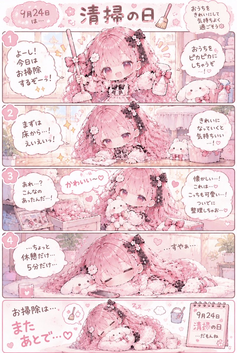 Momonno87's tweet photo. おはようございます☀️

今日から
お勉強、お仕事の方が多いのかな？

急にいつもと違う動きをすると
身体がびっくりして痛めちゃう事もあるから
無理なくゆっくり一緒に頑張ろーね♪

それと今日は「清掃の日」!
ミニ漫画にしてみたよ☺️

 #AIイラスト
 #AIイラスト︎好きさんと繋がりたい https://t.co/HneMu7amt1
