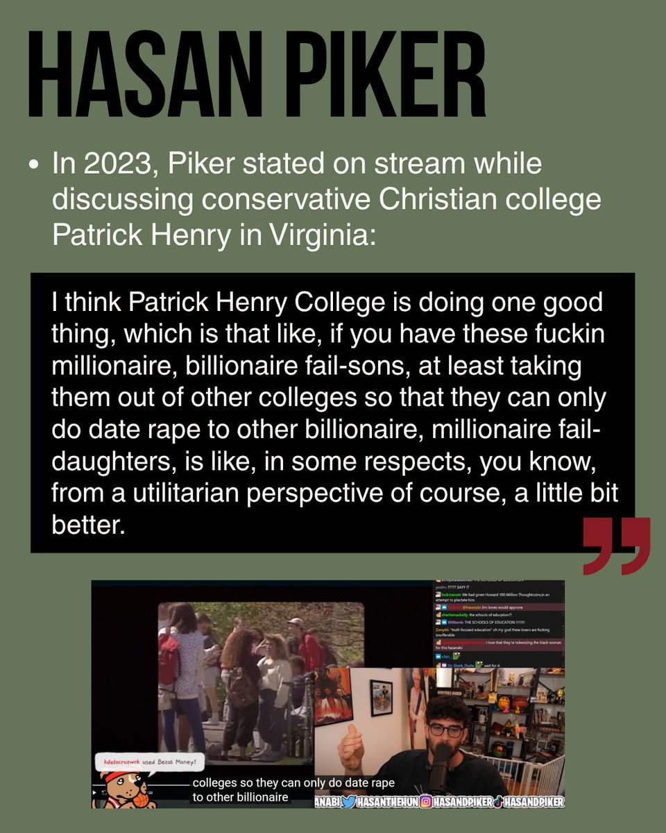 TWVnewsletter's tweet photo. Cornell University's Students for Justice in Palestine invited Hasan Piker to speak on campus tomorrow: Thursday, September 24. They have yet to respond to emails and comments urging them to rescind their invitation. 

As feminists and advocates for a free Palestine, we are alarmed that Hasan Piker has been chosen to discuss the horrors that israel has inflicted upon the Palestinian people—including the systemic rape, sexual assault, and sexual images used as blackmail against countless Palestinian women. A man who is a proud john, who clearly does not understand how colonialism and imperialism is the backbone of prostitution and sex trafficking, who shows womens’ nudes to strangers, and who thinks rape should be leveraged against women he dislikes or disagrees with, is in no way equipped with the knowledge and understanding to discuss the plight of Palestinian women, let alone at a university that is currently in the news for its own failure to protect its female students from rape and revenge porn.

We ask you to think deeply about who should represent the Students Not Bombs Campaign, Students for Justice in Palestine, Young Democratic Socialists of America, Jewish Voice for Peace, and Cornell University, but most importantly, who should speak for the women of Palestine. 

We know that Cornell can find a much better guest to speak on Palestine than a misogynist Twitch streamer. Cancel the event with Hasan Piker!