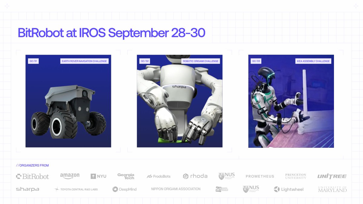 BitRobotNetwork's tweet photo. Next week, we’re heading to @ieee_ras_icra IROS 2026 in Pittsburgh with 50+ research teams pushing the frontier in 3 Grand Challenges:

> Autonomous navigation w/ Earth Rover 
> Dexterity thru origami folding
> Loco-manipulation thru Ikea assembly 

Excited to organize this w/ partners like @SharpaRobotics @LightwheelAI @UnitreeRobotics and more.