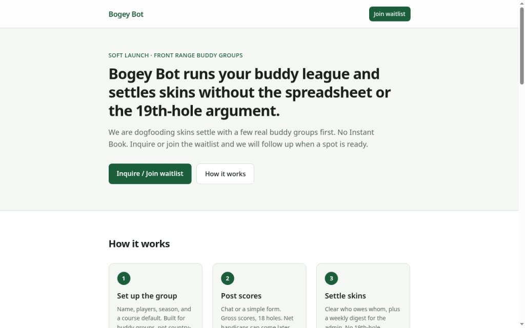 betterweatherai's tweet photo. Build in public: Bogey Bot.

Buddy league skins settle for Front Range groups. Soft launch: dogfooding with a few real buddy groups first. Inquire or join the waitlist. No Instant Book. No spreadsheet fight at the 19th hole.

Daily notes as skins settle and simple league ship.

https://t.co/VGFPuYbEkv