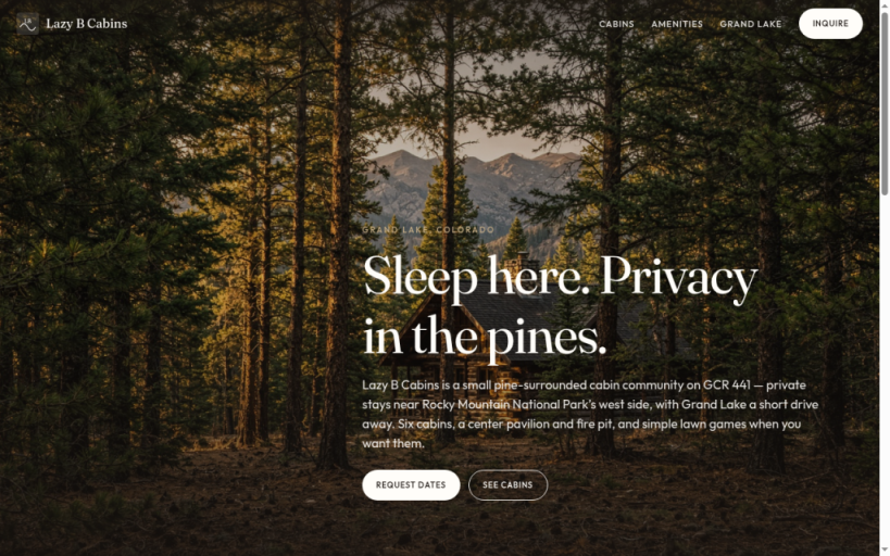 betterweatherai's tweet photo. Build in public: Lazy B Cabins.

Grand Lake soft launch. Six cabins in the pines near RMNP west side. Inquire and request dates. No Instant Book.

Daily notes as the cabin site and inquire path keep shipping.

https://t.co/czDRo76LCO https://t.co/fiU8HLDBG9