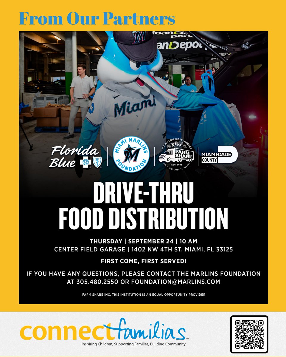 ConnectFamilias's tweet photo. From our partners...

In partnership with @flblue, @farmsharefl, and @miamidadecounty, the @marlins are hosting a drive-thru food distribution event at @loandepotpark tomorrow, Thursday, September 24th at 10AM.
1/2 https://t.co/QnuQutc7o8
