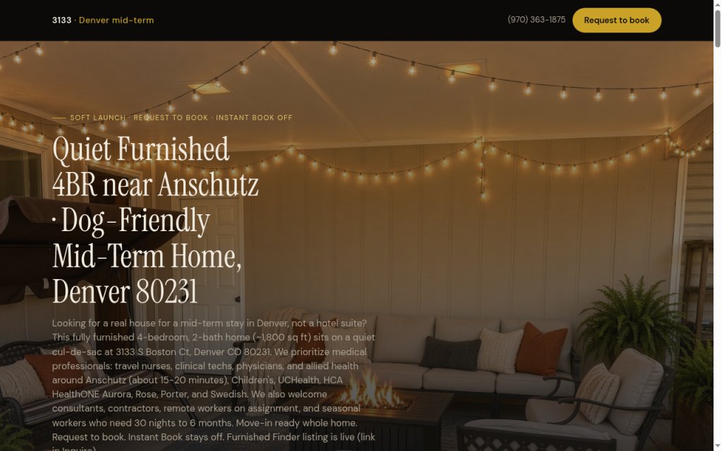 betterweatherai's tweet photo. Build in public: 3133 Denver mid-term.

Quiet furnished 4BR near Anschutz. Dog-friendly. Soft launch for travel nurses, physicians, consultants, and remote stays 30 nights to 6 months. Request to book. Instant Book stays off. Furnished Finder linked from the flyer site.

Daily notes as the listing and lead path keep shipping.

https://t.co/CJQGz35HkL