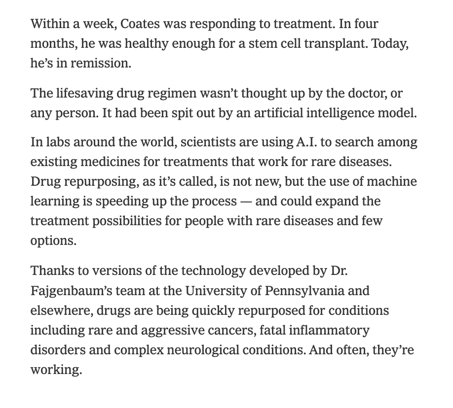 RichardHanania's tweet photo. A 37 year-old-man was told his blood condition meant he was about to die. His doctors had given up and suggested hospice. Then AI discovered a combination of drugs that put his disease in remission.

It seems like we're underrating the possibility that more intelligence at our fingertips is just good.