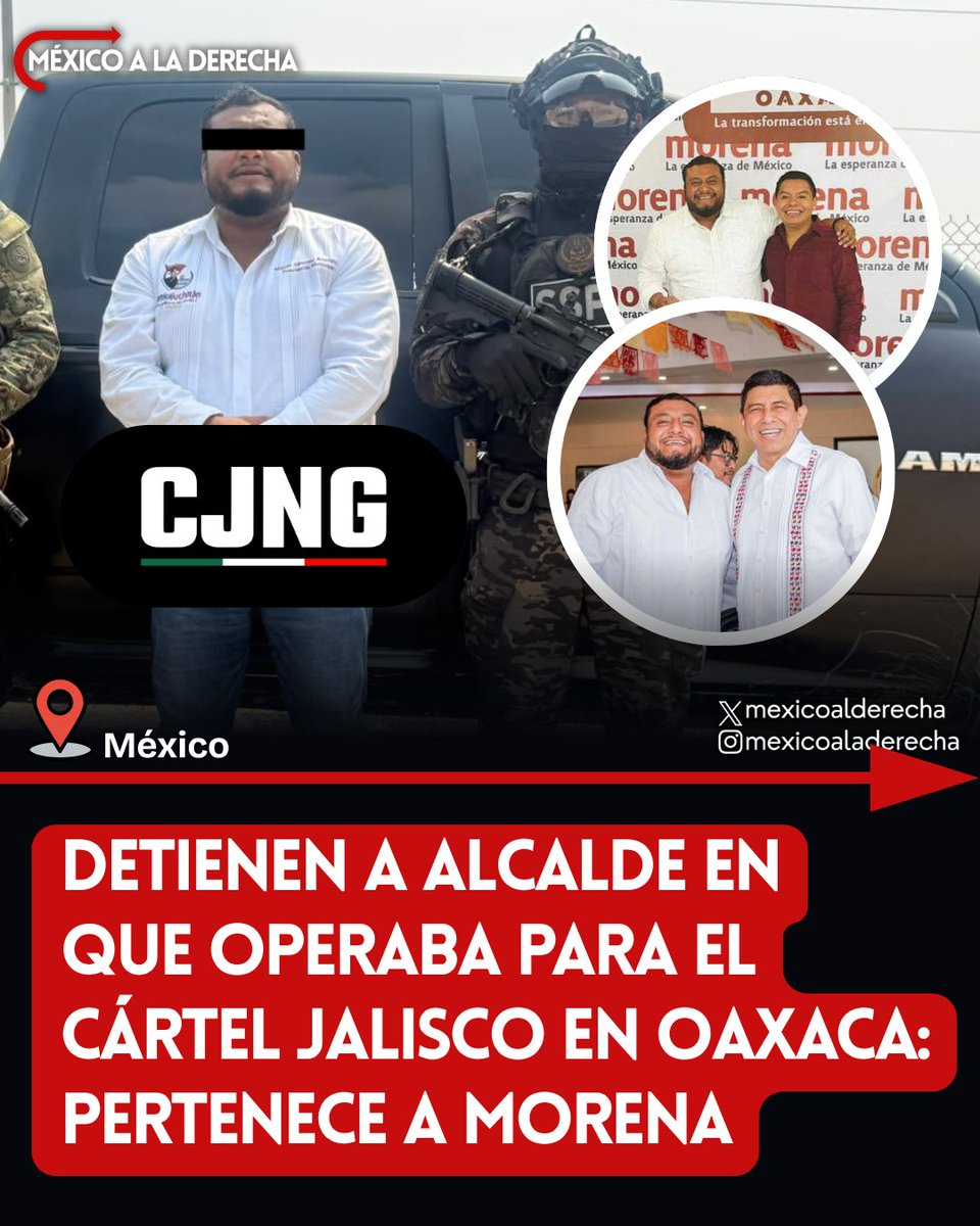 MexicoalDerecha's tweet photo. 🚨🇲🇽/ Y LUEGO NO QUIEREN QUE LES DIGAN NARCOPARTIDO

El alcalde de Juchitán, Miguel Sánchez, fue detenido tras un operativo federal en Oaxaca. El desgraciado pertenece a Morena y está señalado de ser un operador del CJNG, como el exedil morenista de Tequila, Diego Rivera. 

Según las autoridades, Miguel Sánchez encabezaba una red de extorsión vinculada a "Los Cromos" un brazo del Cártel Jalisco que opera en Oaxaca.