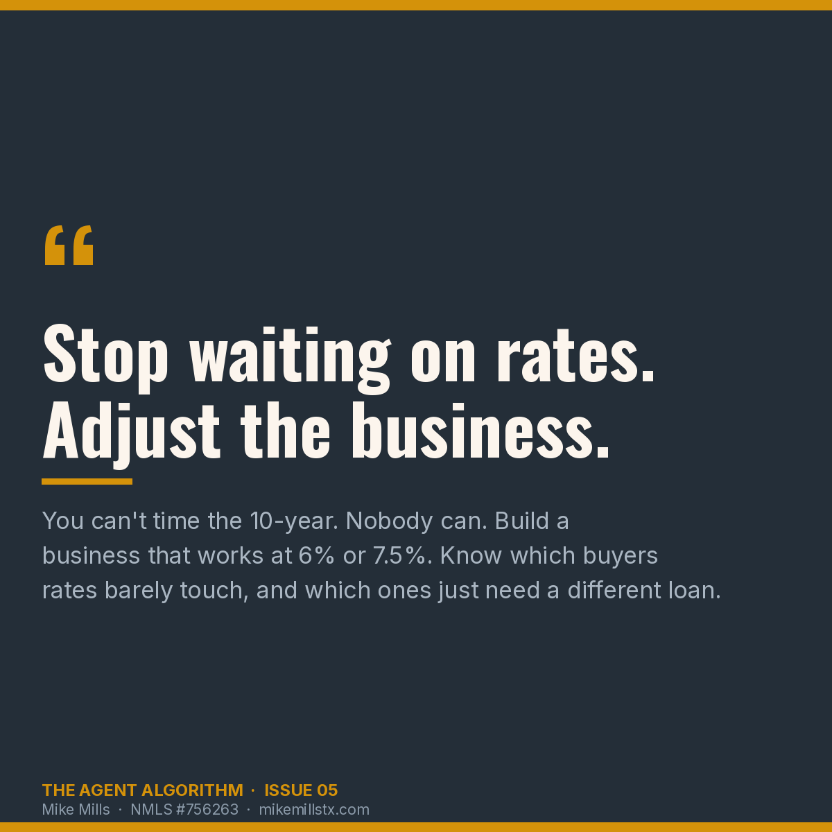 mikemillstx's tweet photo. You can't time the 10-year. Nobody can.

You can build a business that works at 6% or 7.5%. Know which buyers rates barely touch, and which ones just need a different loan. https://t.co/tnUjhZ8YIG