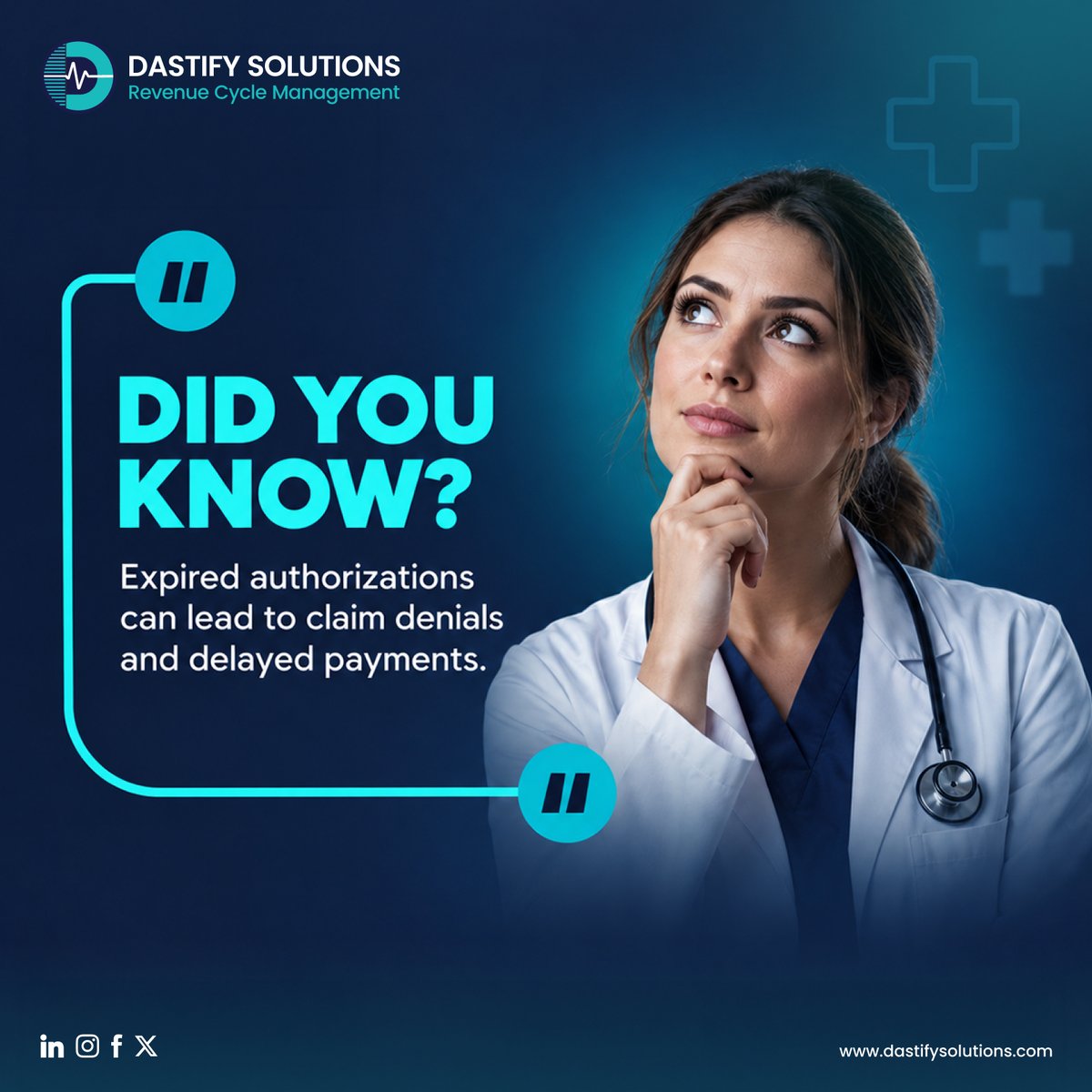 dastifyUSA's tweet photo. Don’t let an expired authorization slow down your revenue. Stay ahead with proactive authorization tracking and timely renewals.

#MedicalBilling #PriorAuthorization #ClaimsManagement #RevenueCycleManagement #DastifySolutions https://t.co/7zr9Rdikhf