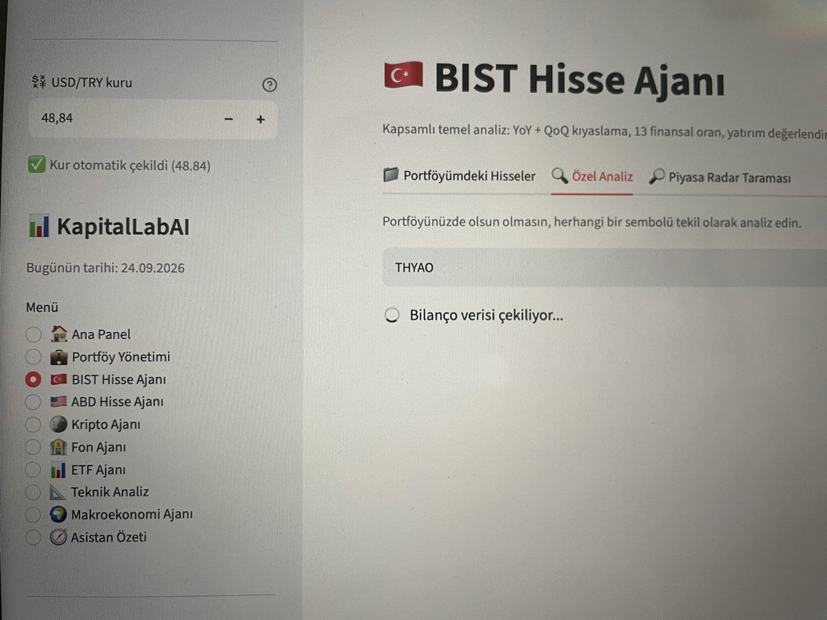 KapitalLabAI's tweet photo. Az kaldı geliyor. Son buglar.

Analiz kısmı fena çalışmıyor.

Bilanço çekiyor, veri yorumluyor, geçen yılın aynı dönemi, bir önceki dönem karşılaştırmalı verileri tek bir sayfada gösteriyor.

Piyasa taraması ve portföy hesaplamasında biraz daha müdahale gerektiyor.

Yavaş yavaş ideale yaklaşacak.

#BIST #Borsaİstanbul #Fon #Kripto #Tera #Miatk #Tuprs #Portföy