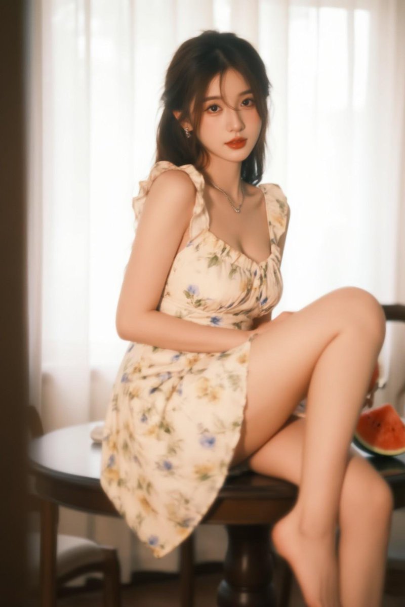 AnnaGallow51271's tweet photo. 木桌边坐着把腿叠起来，或者靠在木台上，桌上的西瓜切得整整齐齐，光把皮肤衬得很暖。 https://t.co/po6V3sXFM4