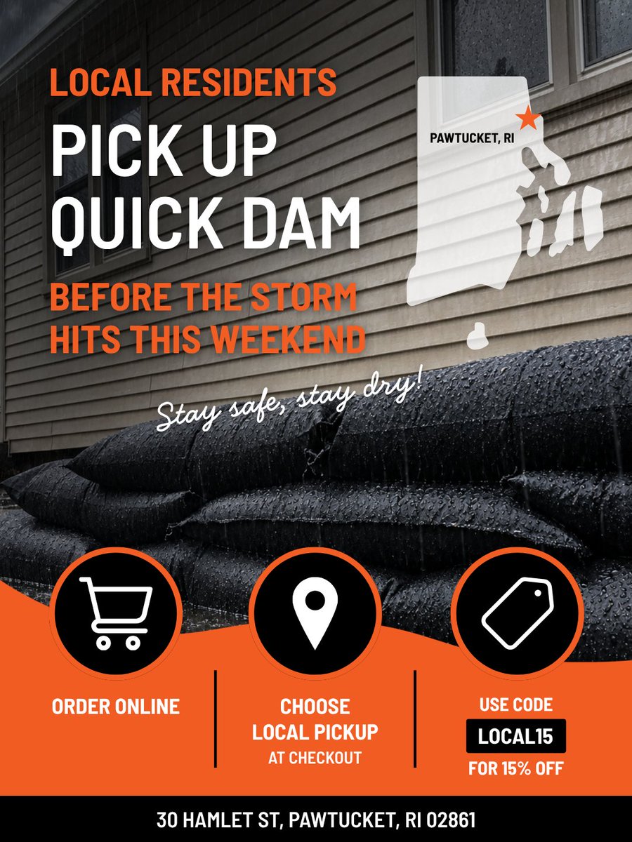 quickdam's tweet photo. LOCAL RESIDENTS! Need Quick Dam before the storm?

You can order online and pick up your Quick Dam order at our Pawtucket, RI HQ before the weekend.

📍 Local Pickup Hours:
Thursday, 9/24 | 7 AM–6 PM
Friday, 9/25 | 7 AM–4 PM

https://t.co/SWKPfuizbG

*Excludes Water Force https://t.co/3BOZqAWj8K