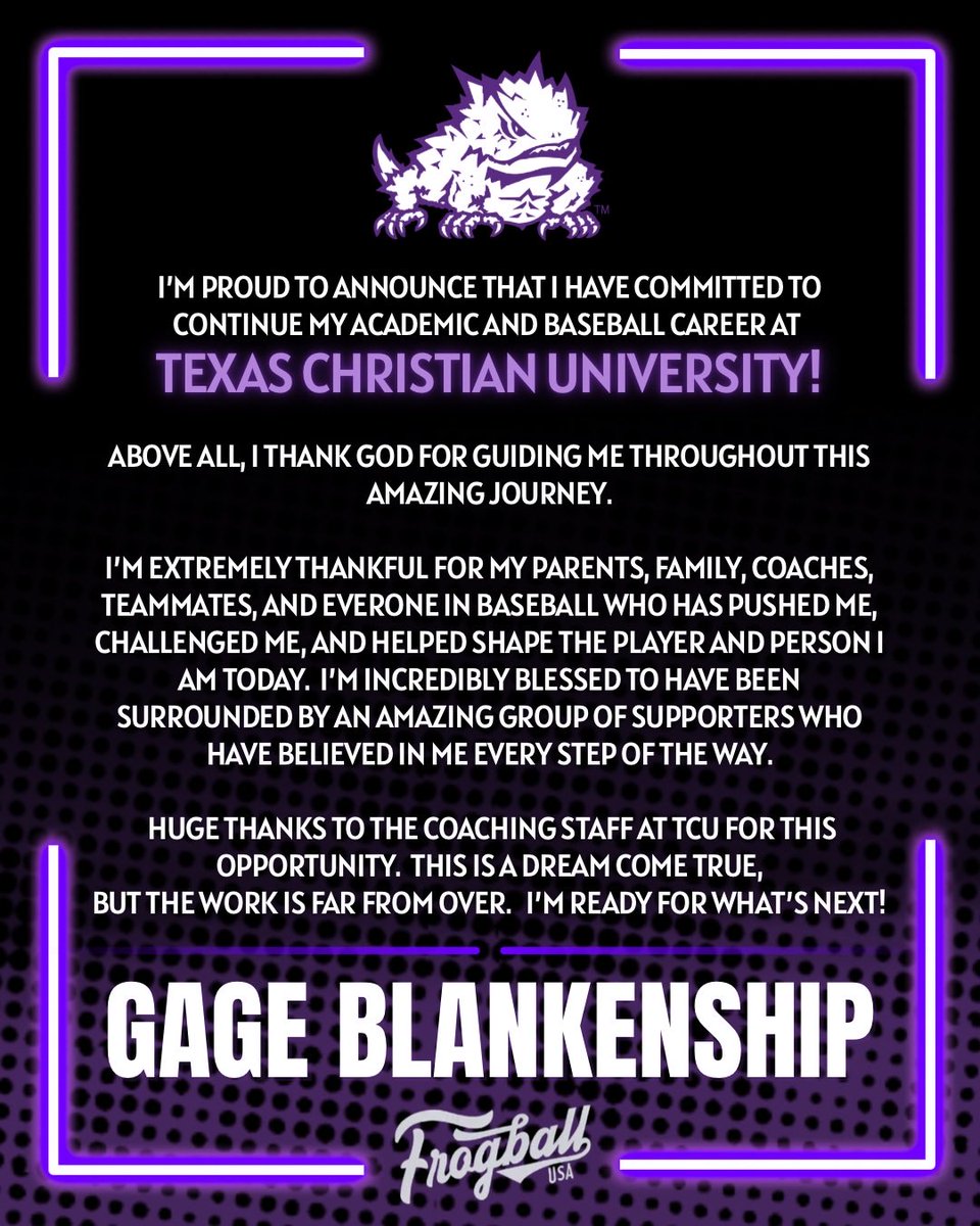 GageB28's tweet photo. 100% COMMITTED! 🐸

#TCU #TCUBaseball #GoFrogs #Committed #LovejoyBaseball #DulinsTX https://t.co/R3lbMC6S18