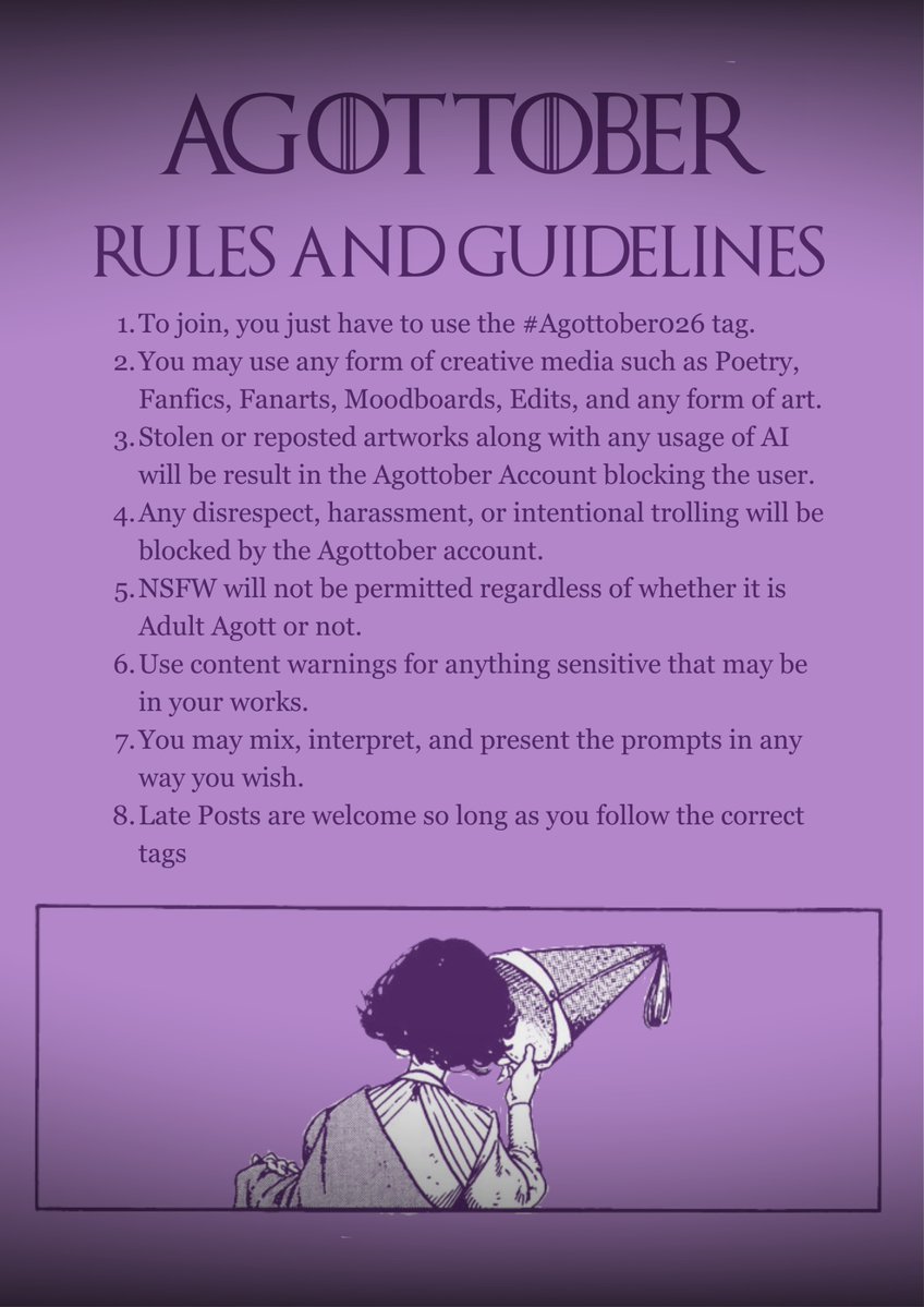 Agottober's tweet photo. One day left until the prompt list comes out! If you plan to participate please take a look at these rules and guidelines so that we all can have a magical time this Agottober 💜✒️

#Agottober #Agottober2026 #Agott https://t.co/Hv2vSdqpLD