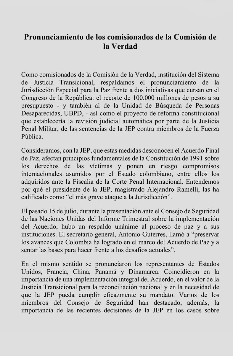 AbadColorado's tweet photo. Pronunciamiento de los comisionados de la Comisión de la Verdad.
“Lo que está en juego es la confianza en el Sistema de Verdad, Justicia,
Reparación y No Repetición y en un Acuerdo de Paz…” @ComisionVerdadC @DefendamosPaz @JEP_Colombia @UBPDcolombia @FCompaz @FranciscoDeRoux 👇🏽 https://t.co/VEATKb2JlG